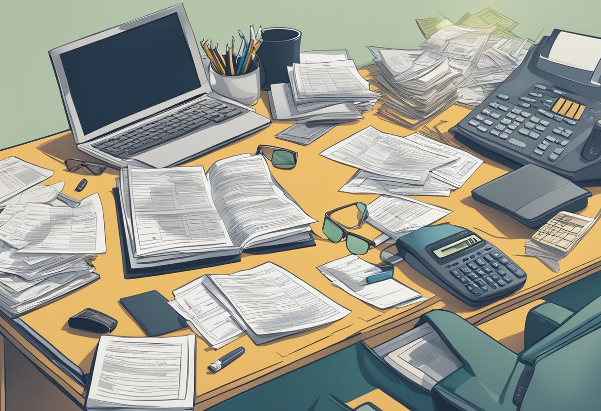 A cluttered office desk with scattered tax documents and a calculator, surrounded by a web of tangled tax laws and regulations