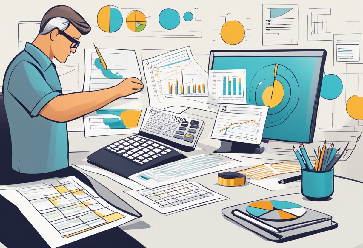 A parent entrepreneur reviewing tax mistakes. Charts and graphs on a desk. Avoiding common errors