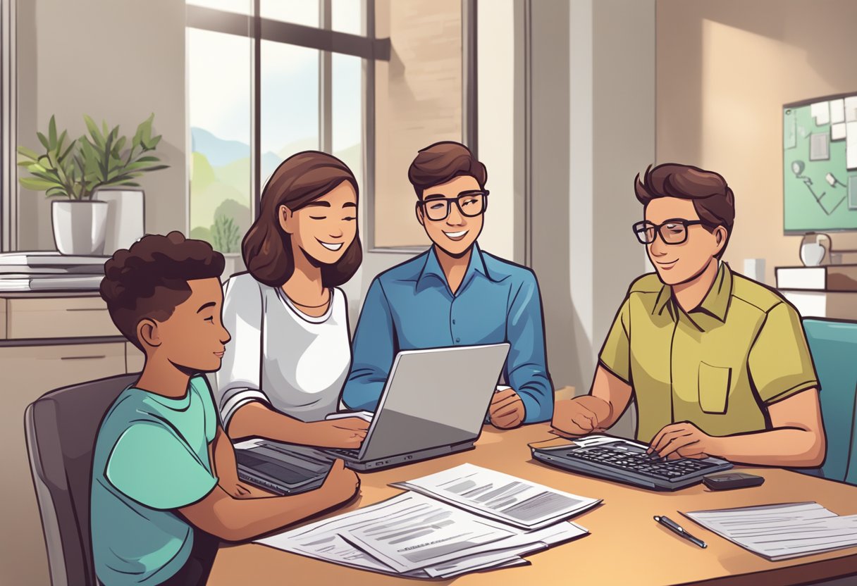 A family sitting at a table, with a teenager holding a job application and a stack of tax forms. A calculator and a laptop are also on the table