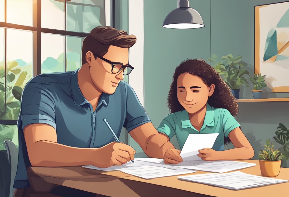 A parent and teenager discuss summer job taxes and family business