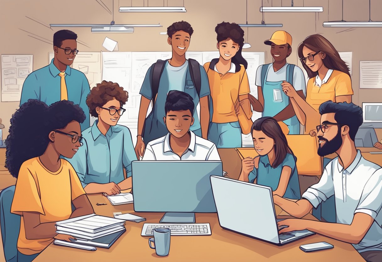 A group of teenagers engaged in various activities like learning new skills, networking with professionals, and gaining valuable work experiences, all while being guided by adults on tax and family employment matters