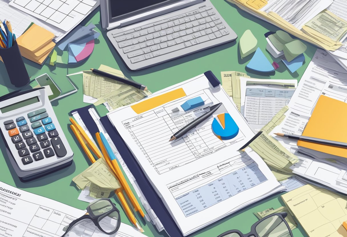 A cluttered desk with tax forms, a calculator, and a family budget spreadsheet. A teenager's resume and job applications scattered across the surface