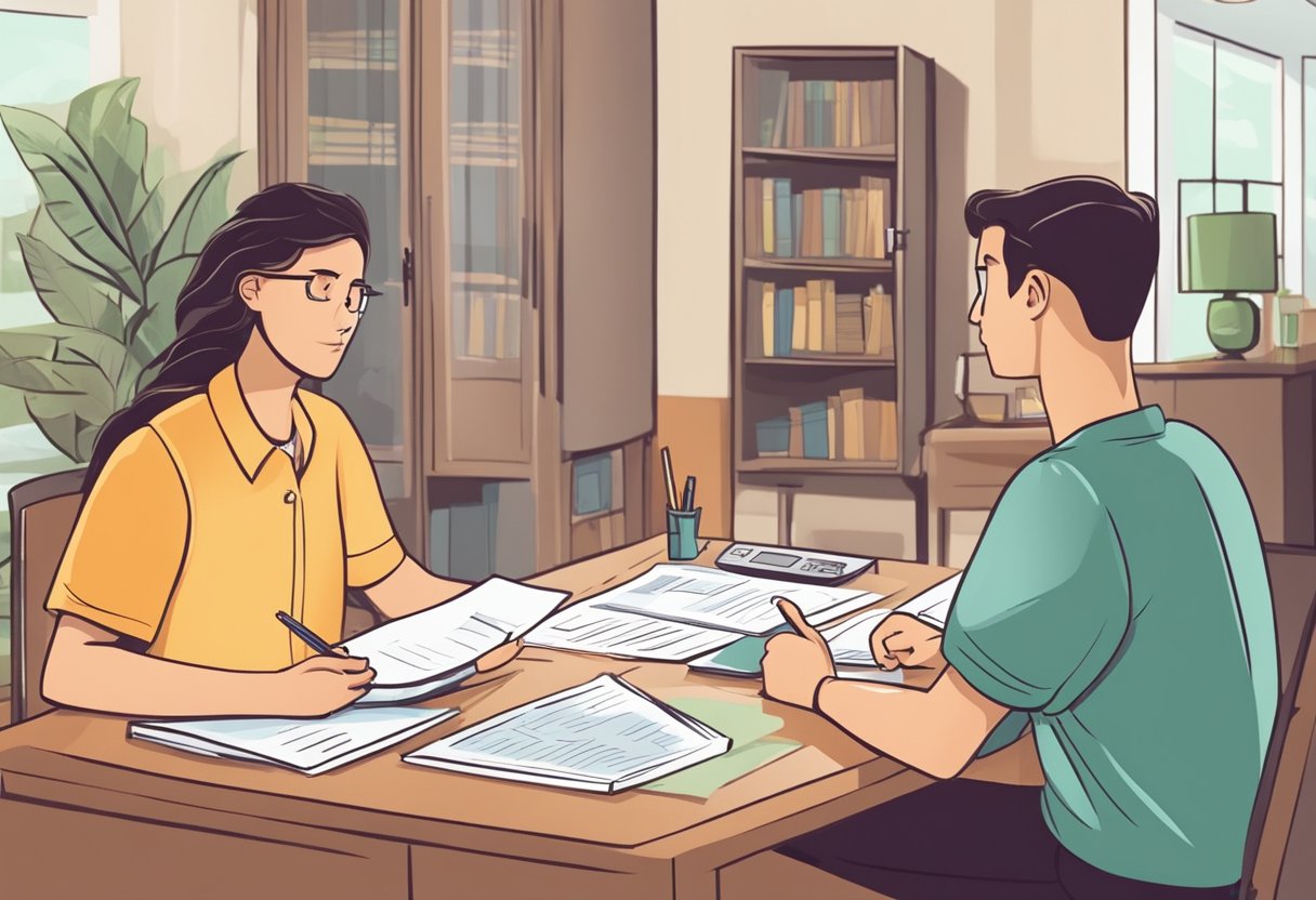 A parent and teenager discussing taxes and employment for the summer. Papers and a calculator on a table, with a concerned expression on the parent's face