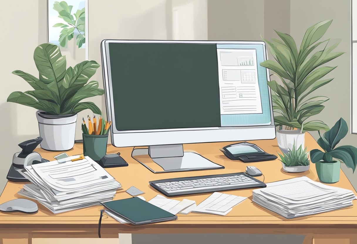 A cozy home office with a desk, computer, and relaxing elements like candles and plants. A stack of business expense receipts is neatly organized on the desk