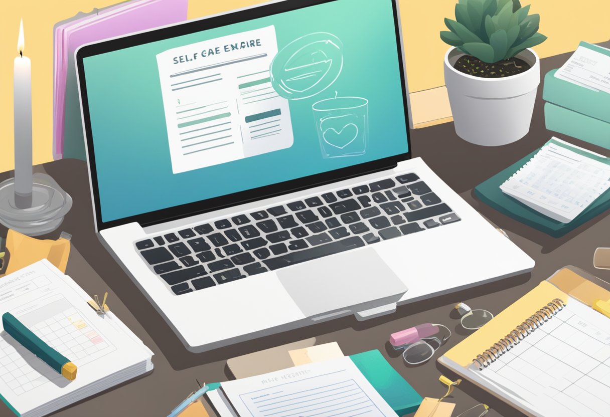 A desk with a laptop, planner, and self-care items like candles and essential oils. A receipt for self-care expenses is next to a tax form