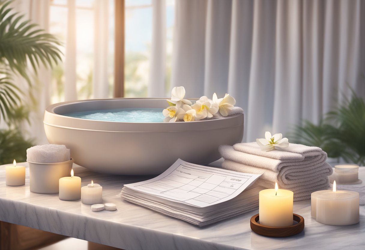 A luxurious spa with tax forms and receipts scattered on a marble table, surrounded by plush robes and scented candles