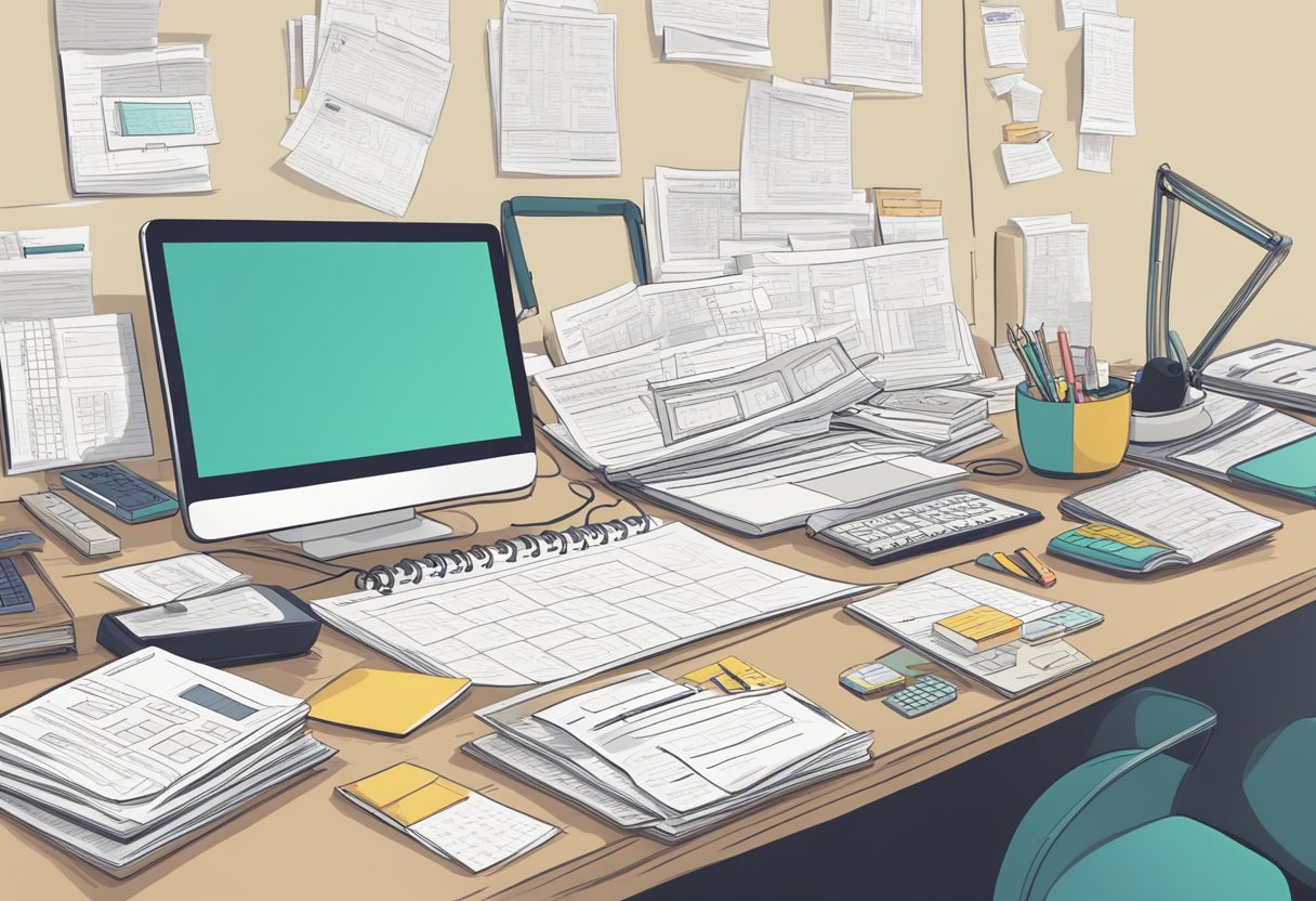 A cluttered desk with receipts, a laptop, and a calculator. A maze-like flowchart of tax deductions on the wall. A self-care book on the desk