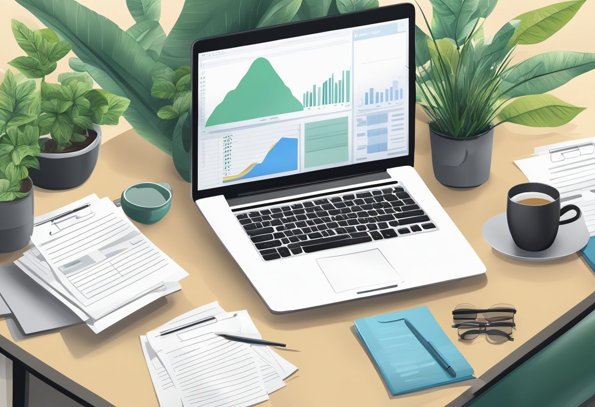 A desk with a laptop, receipts, and a tax form. A cup of tea and a plant add a touch of comfort to the organized workspace