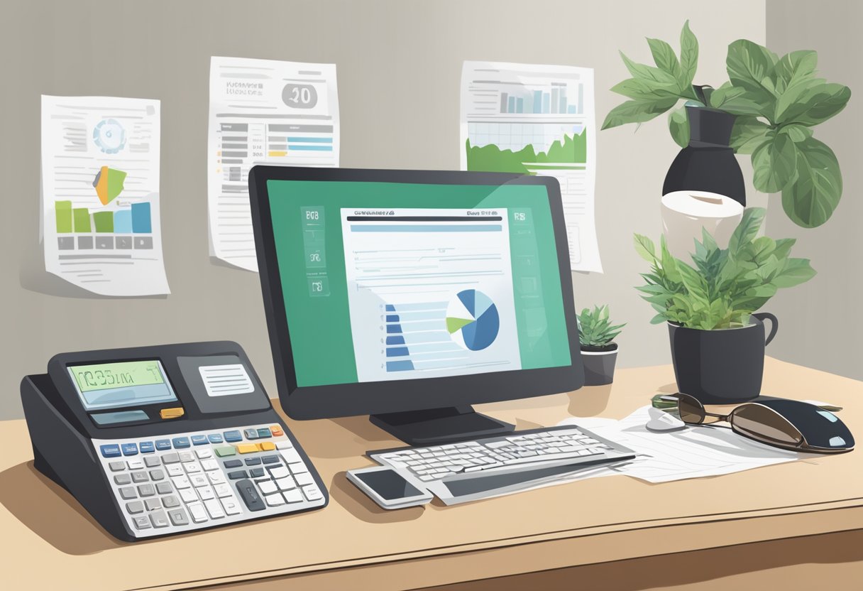 A desk with a laptop, calculator, and receipts. A plant and mug on the side. "IRS" and "tax deduction" posters on the wall
