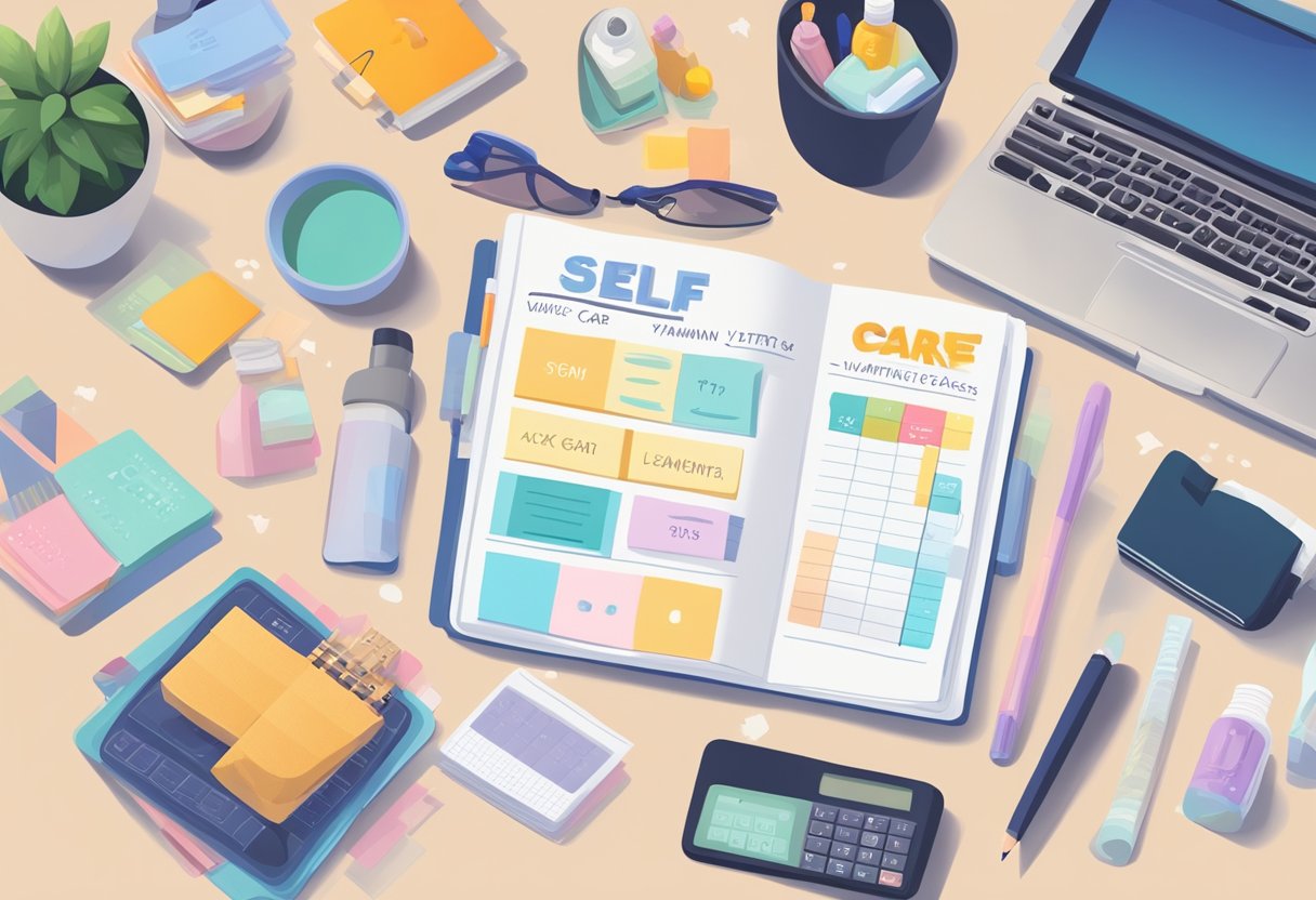 A desk cluttered with self-care items: vitamins, skincare, yoga mat. A calculator and receipts for tax deductions. A calendar with "self-care" appointments