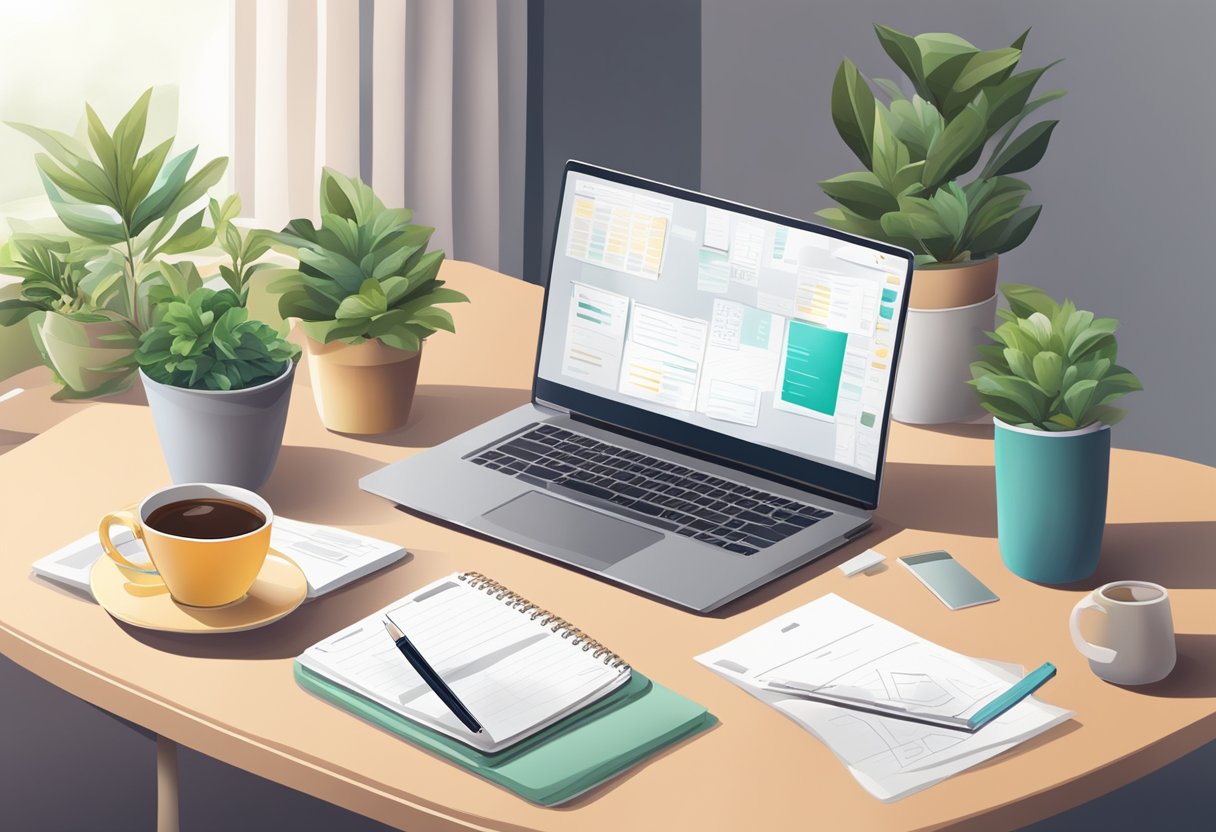 A desk with a laptop, a planner, and a stack of receipts. A cup of tea and a plant add a cozy touch to the workspace