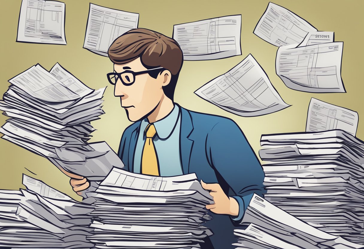 A person holding a stack of papers labeled "business expenses" while looking at a confused pile of papers labeled "personal expenses." A clear separation between the two piles illustrates the importance of a separate business bank account for tax purposes