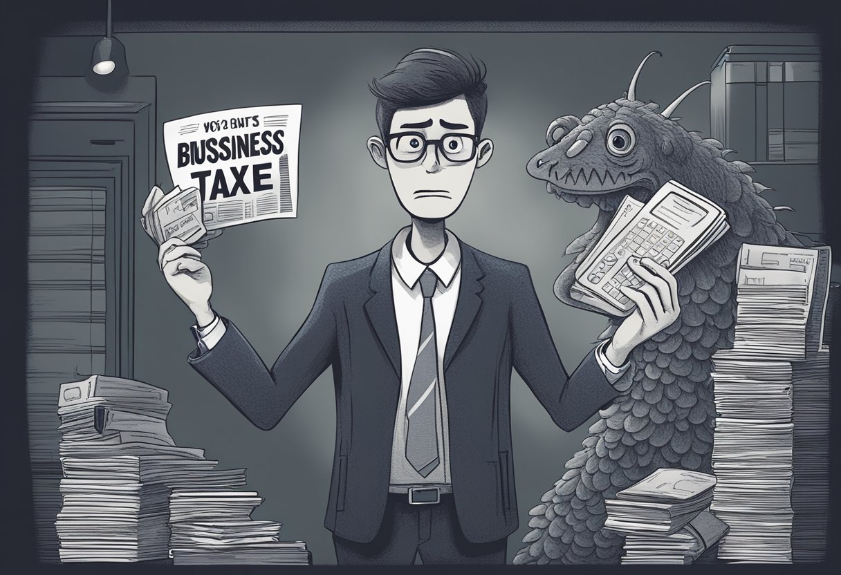 A confused person holds a wallet and a business sign, surrounded by looming tax forms and a dark, ominous tax monster