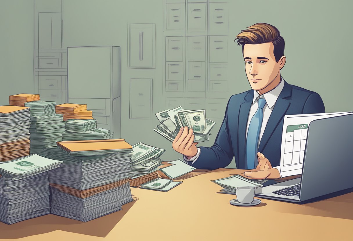 A business owner realizes the importance of a separate bank account for taxes. The concept of profit and loss is visually depicted through a balance of financial assets and liabilities