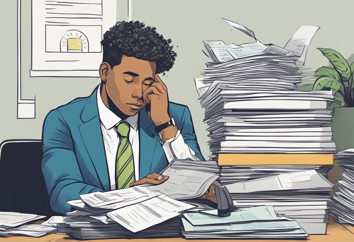 A person pondering over a pile of paperwork, with a calculator and bank statements spread out on a desk. A thought bubble with the question "Do I really need a separate business bank account?" hovers above their head