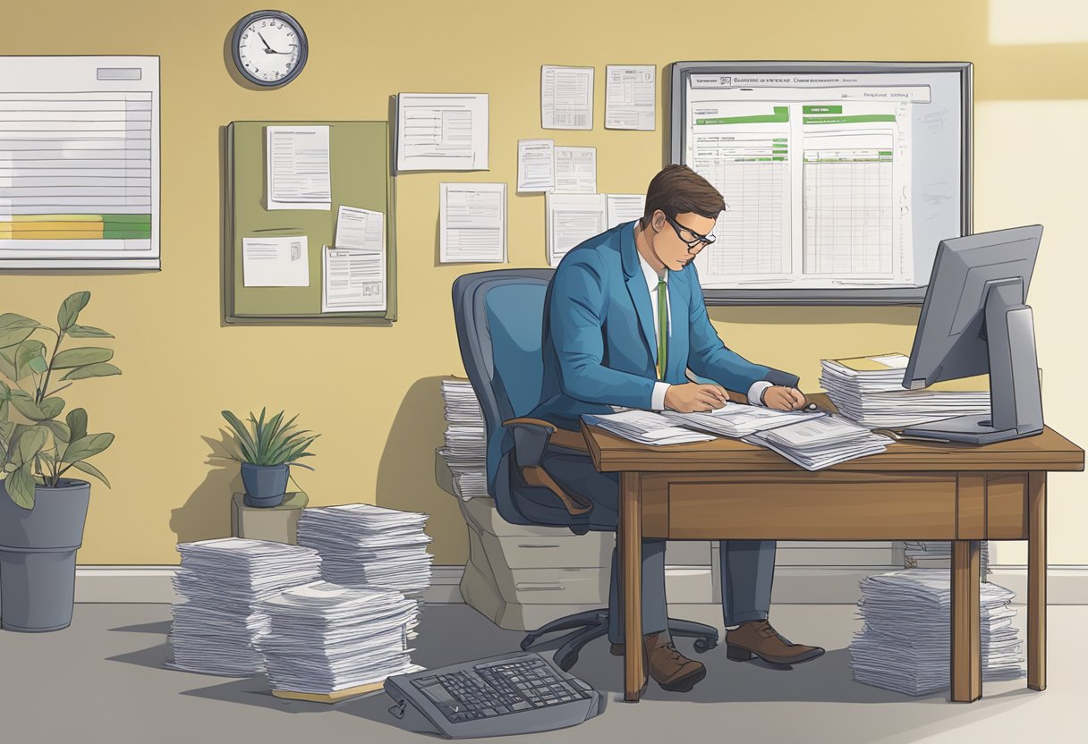 A person at a desk, with a computer and paperwork, opening a business bank account. A sign on the wall reads "Separate Business Bank Account: Crucial for Taxes."