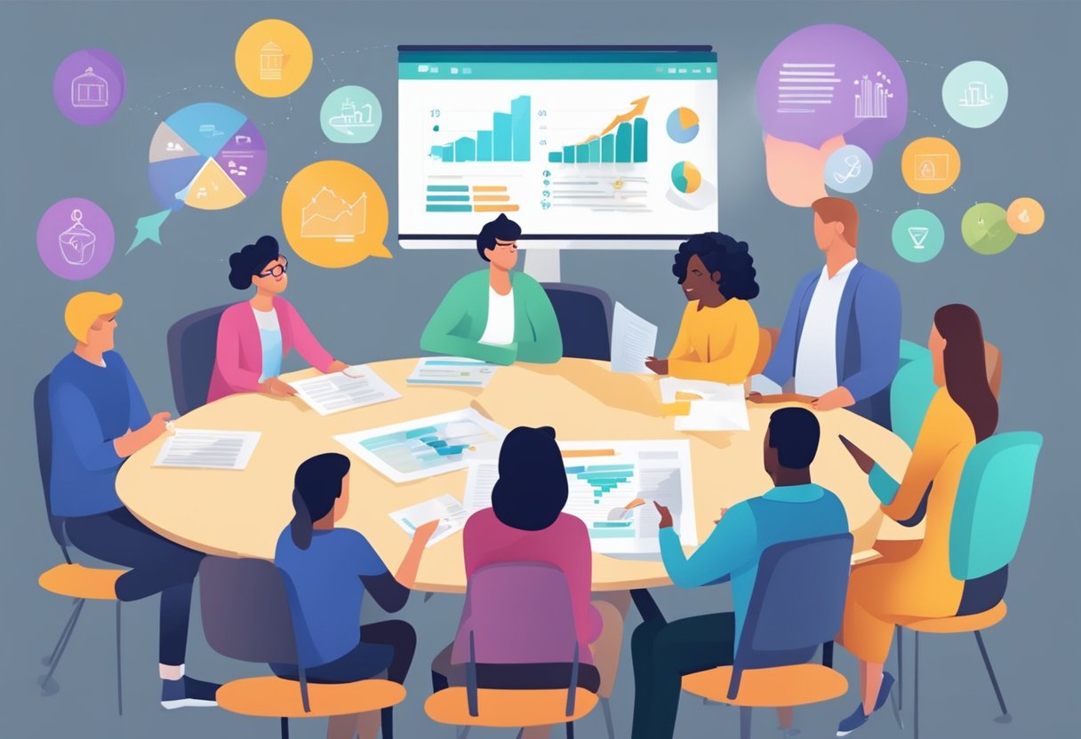 A group of parents gather around a table, discussing tax implications of crowdfunding. Charts and graphs are spread out, with one parent gesturing towards them