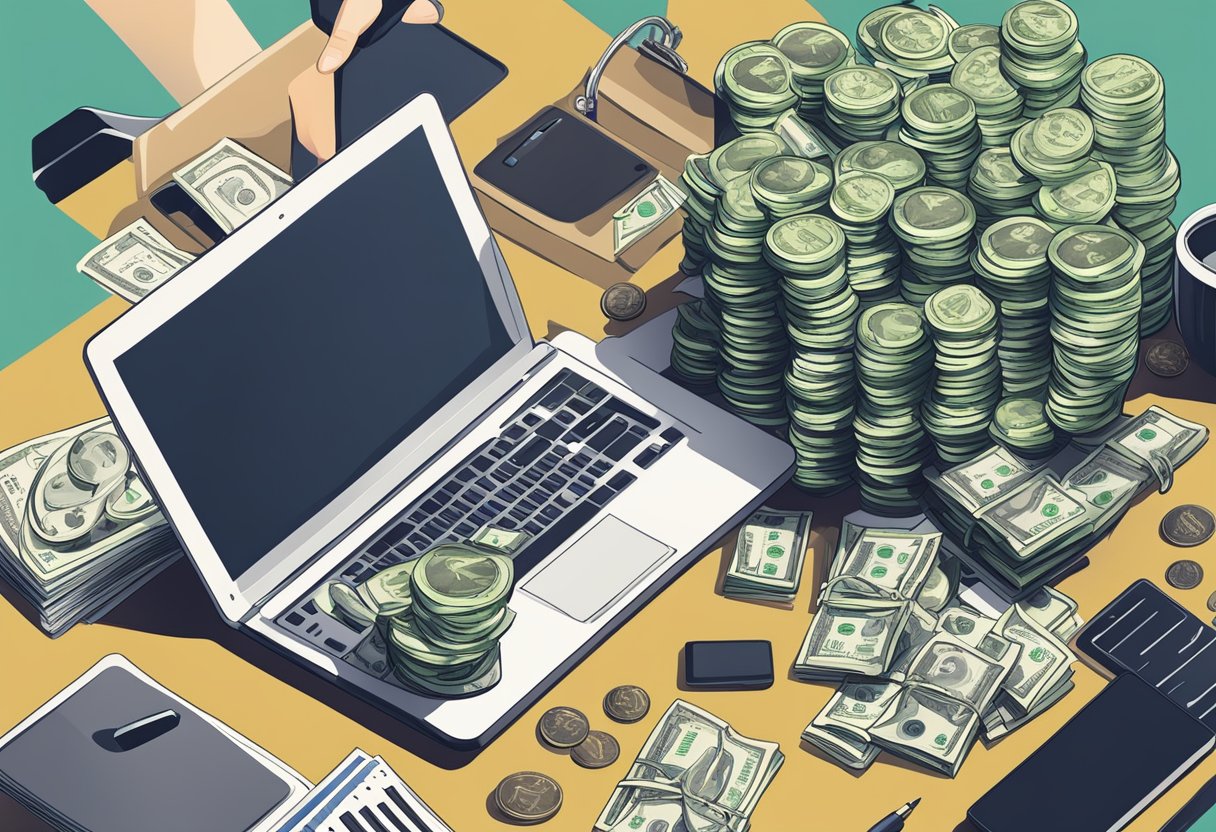A pile of money coins and dollar bills surrounded by business-related items like a laptop, calculator, and paperwork, with a sign that reads "Crowdfunding Success."