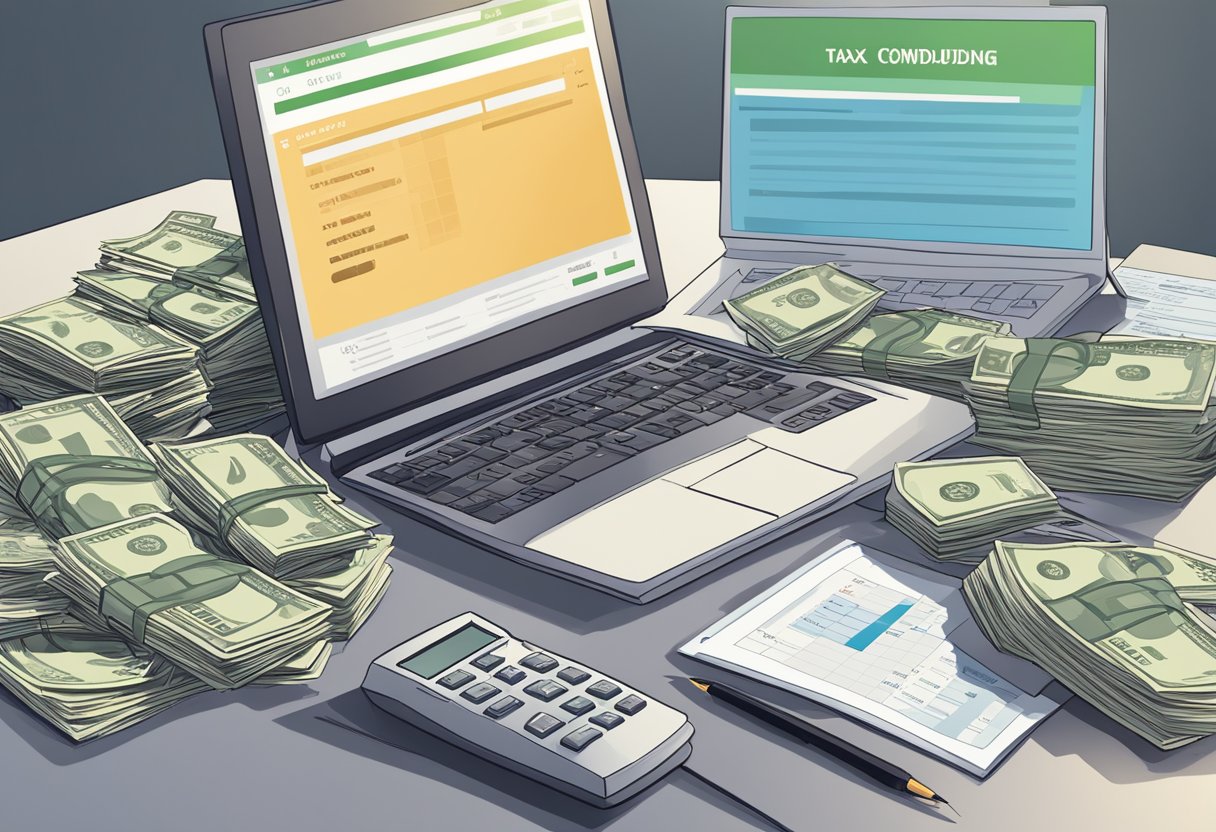 A pile of money sits on a table, with a tax form and calculator nearby. A computer screen shows a crowdfunding page