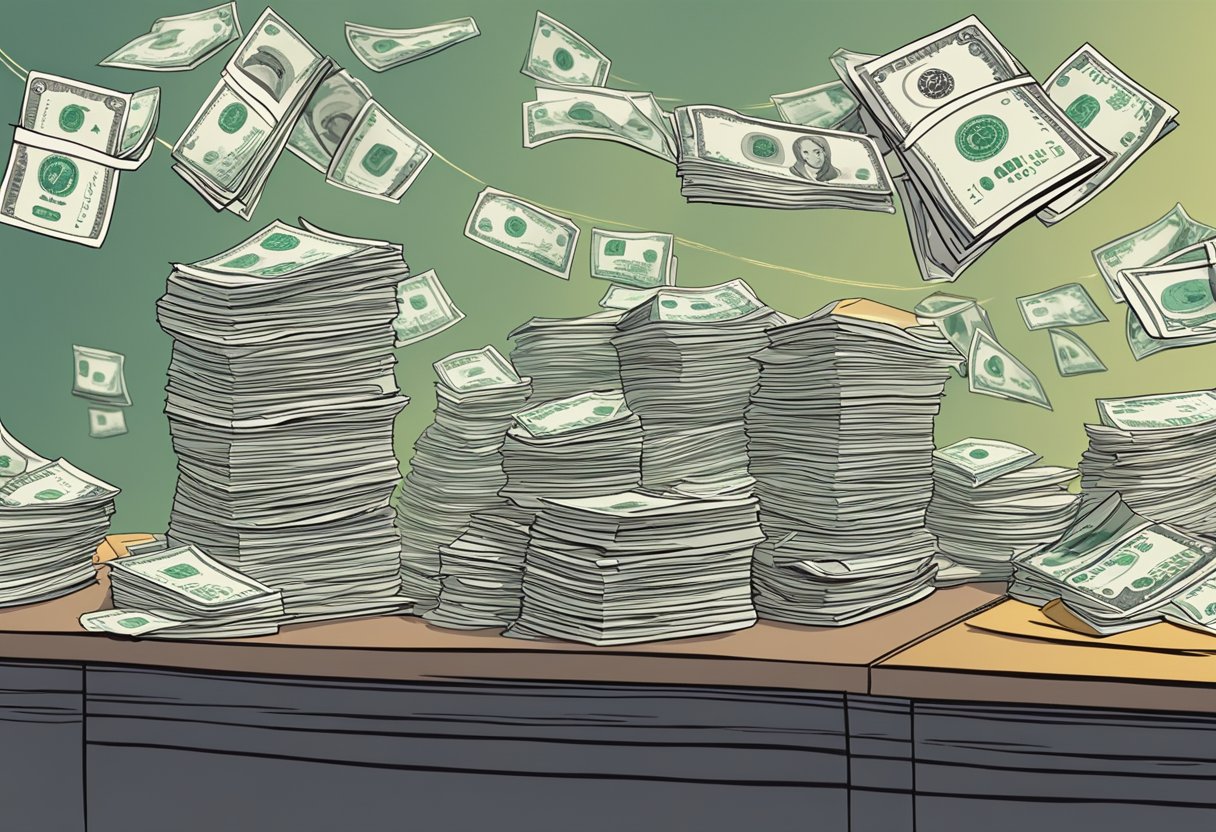 A pile of cash and a stack of contribution forms sit on a desk, while a tangled web of tax forms and regulations hovers overhead