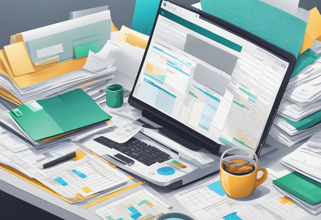 A cluttered desk with piles of paperwork, receipts, and financial documents. A computer screen displaying crowdfunding activities. A calendar with tax deadlines