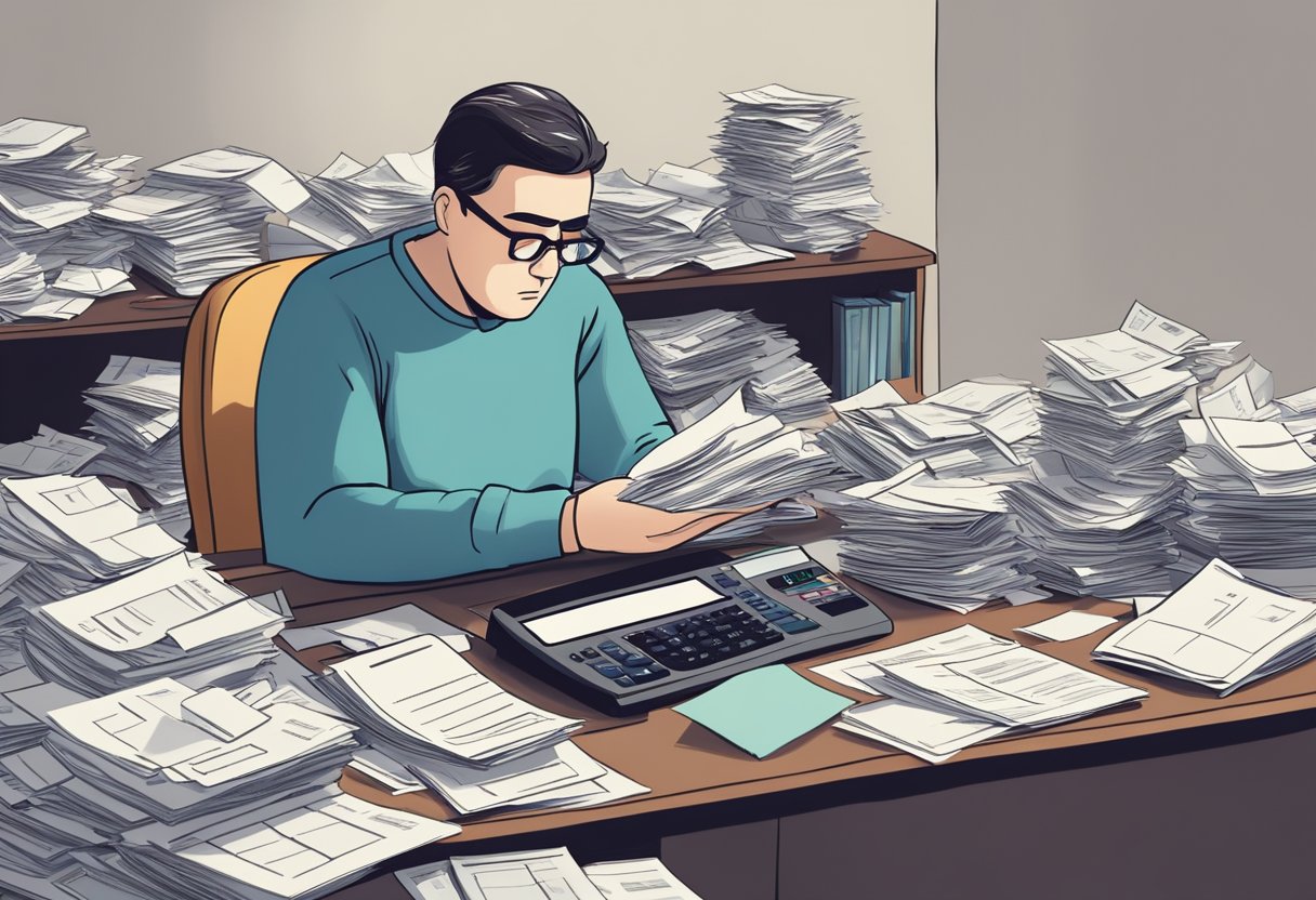A pile of paperwork and a calculator sit on a desk, surrounded by scattered receipts and financial documents. A worried expression is depicted on a faceless figure's face