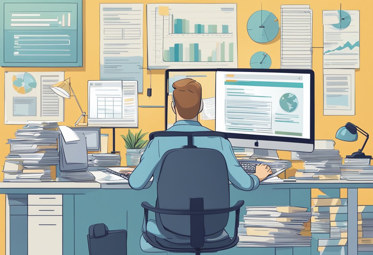 A person sitting at a desk, surrounded by paperwork and a computer, researching tax implications of crowdfunding for a business idea