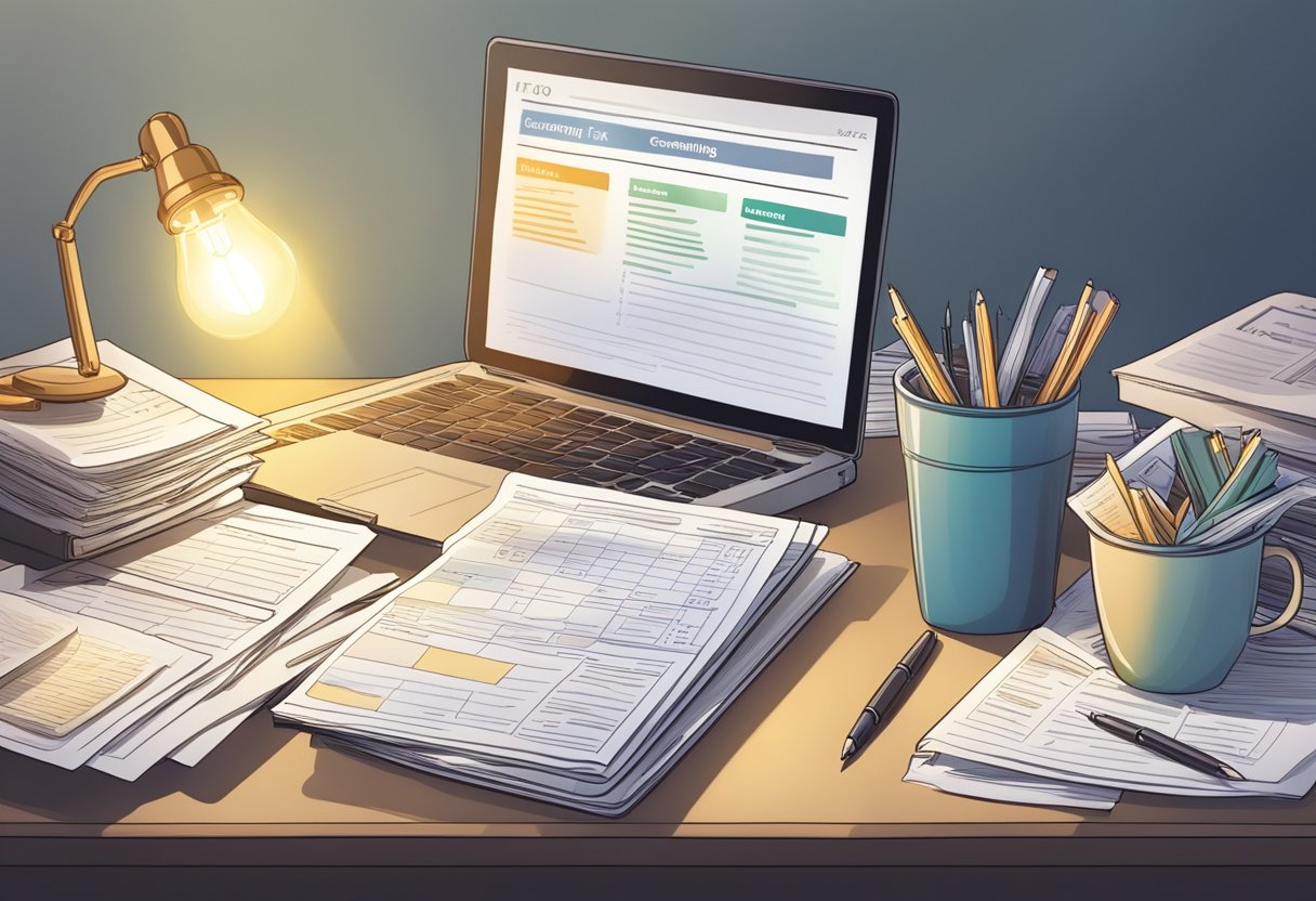 A cluttered desk with tax forms, a laptop, and a stack of business documents. A light shines on a book titled "Crowdfunding Tax Tips."