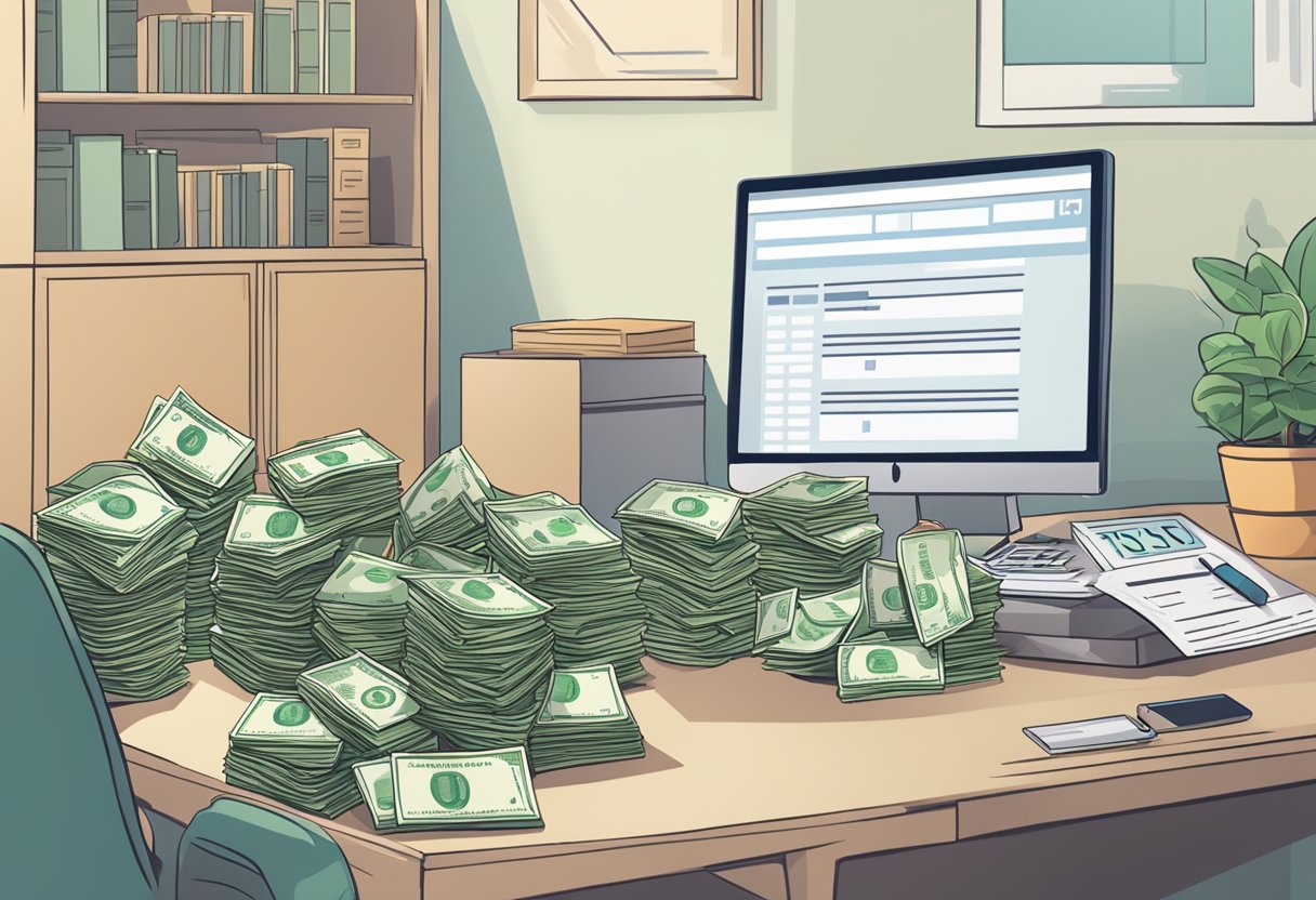 A pile of money bags next to a computer screen displaying a crowdfunding campaign. A tax form and calculator sit nearby, symbolizing the complex tax implications of crowdfunding for a business