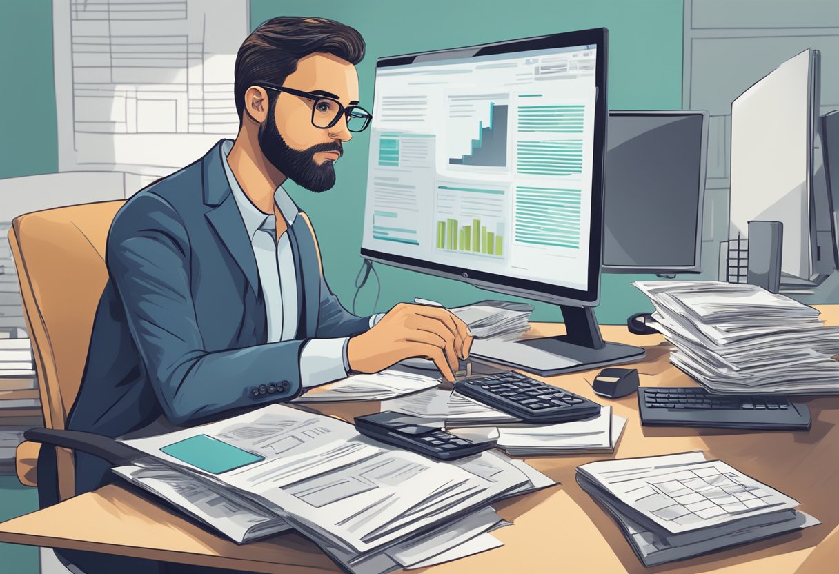 A person researching tax implications of crowdfunding, surrounded by financial documents and a computer, with a look of determination and focus