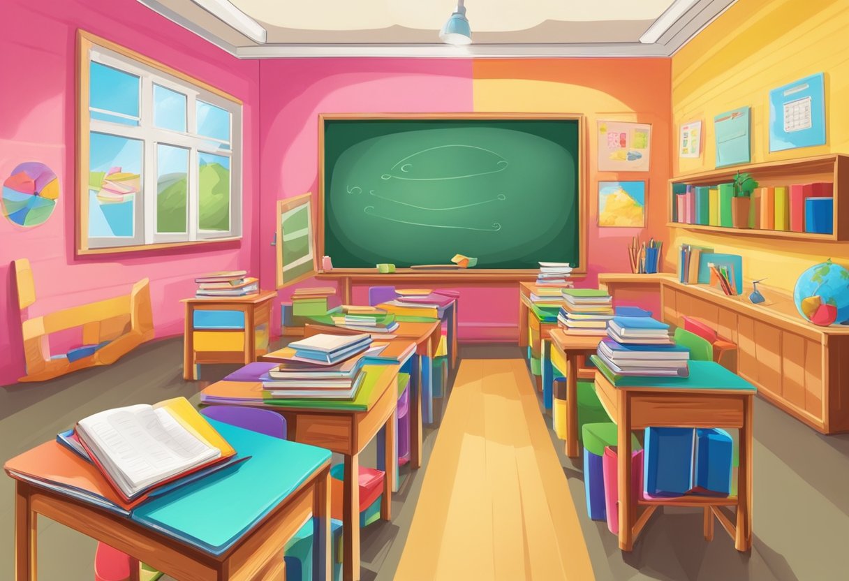 A colorful classroom with books, pencils, and a chalkboard. A parent writing a check for school supplies