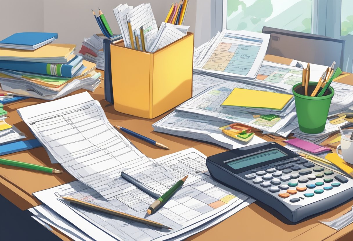 A desk cluttered with school supplies, a calculator, and tax forms. A parent reviews financial records, with a stack of bills and receipts nearby