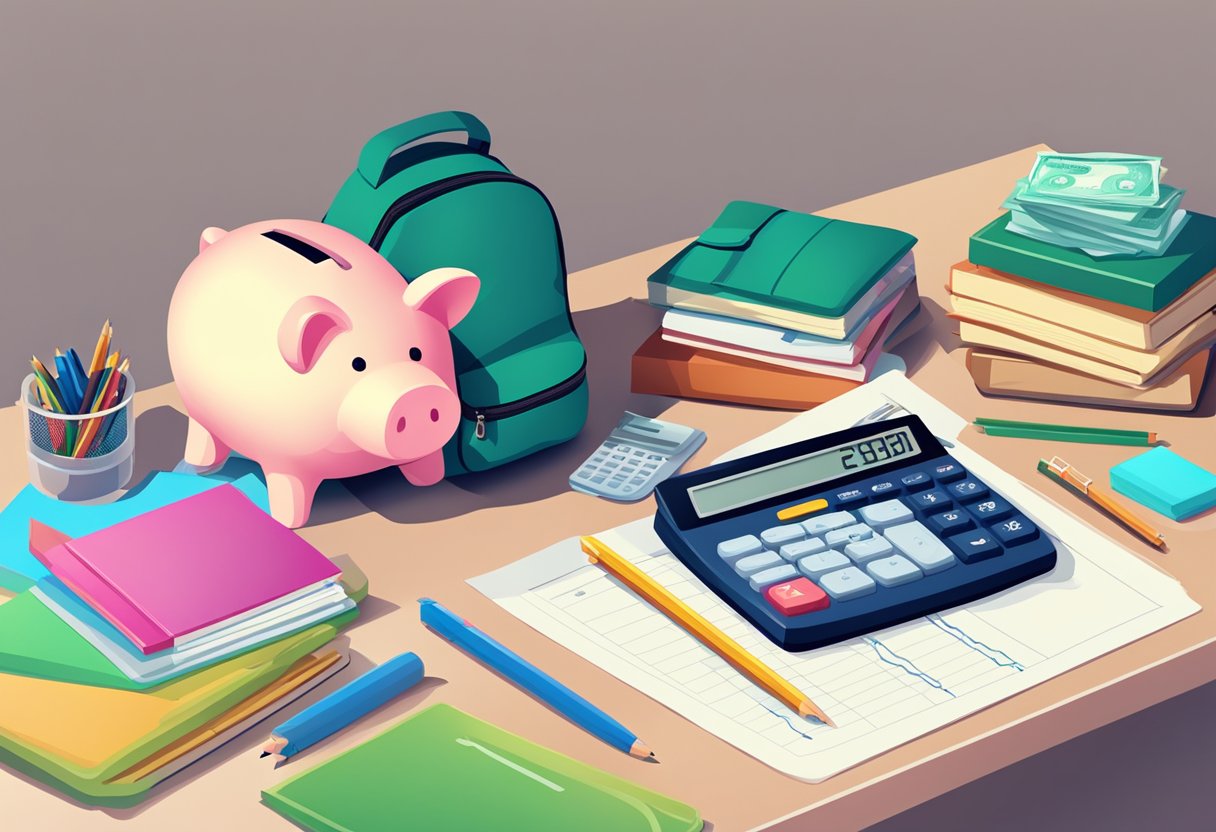 A desk with a stack of financial documents, a calculator, and a piggy bank. A backpack and school supplies are arranged neatly next to it
