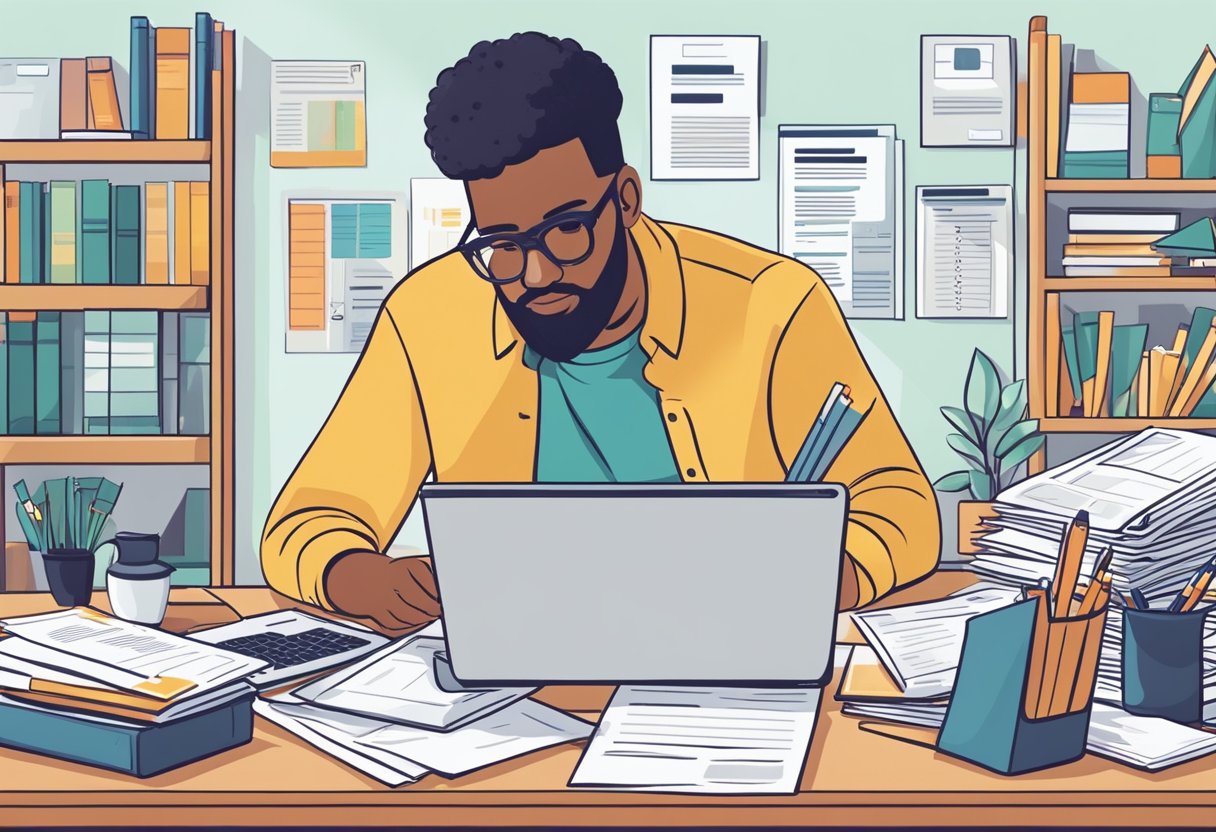 A parent sitting at a desk, surrounded by paperwork and a laptop, researching tax deductions for educational expenses