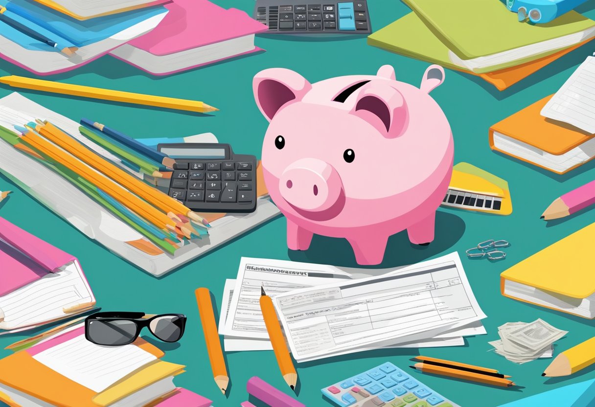 A colorful piggy bank surrounded by school supplies and a stack of tax forms, symbolizing the financial support for education