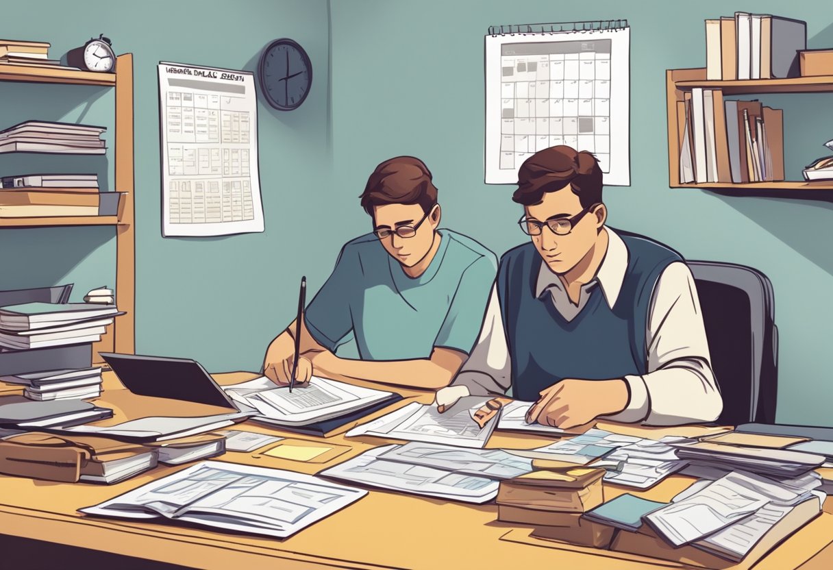 A cluttered desk with school supplies and tax forms, a calendar with deadlines, and a worried parent with a calculator