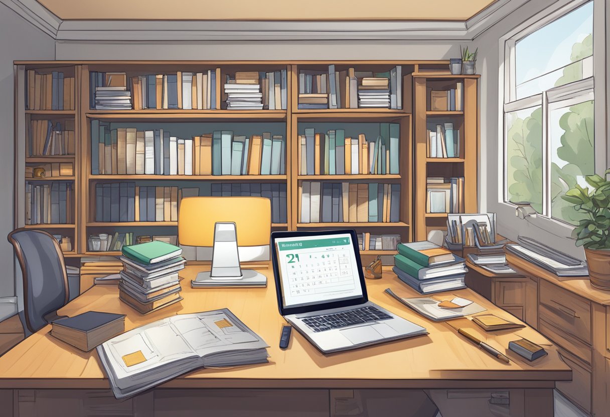 A cozy home office with a desk stacked with books, a calendar marked with school dates, and a computer displaying tax-saving tips for education