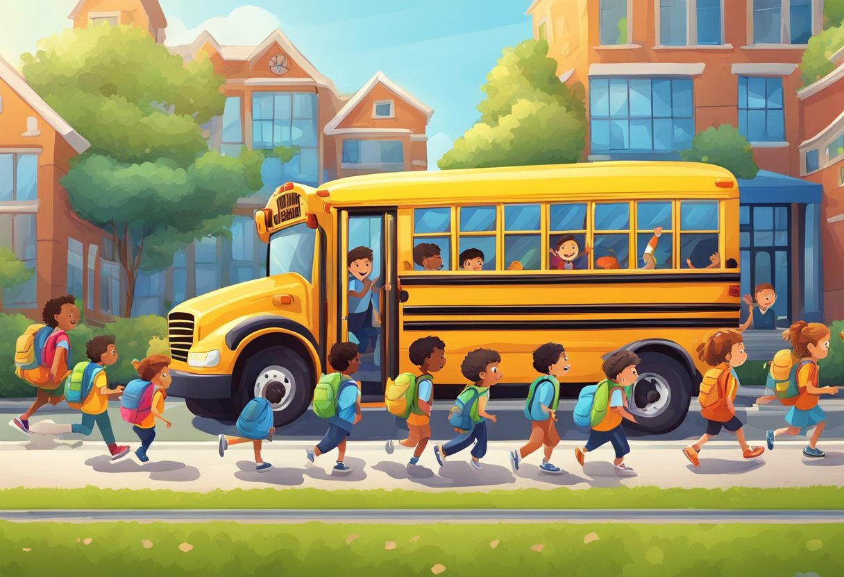 A colorful school bus surrounded by excited children, with backpacks and books, heading towards a vibrant school building