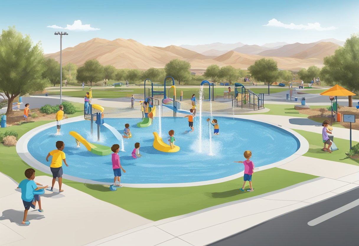 Children playing in the splash pad and pool at Ken Fovargue Park, Bullhead City. Signs with park rules and regulations in the background