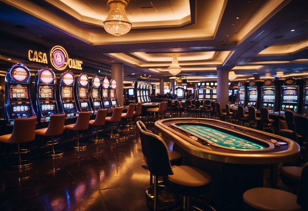 Brightly lit casino floor with slot machines and card tables. Players enjoying games and interacting with dealers. Prominent Caesars Online Casino signage