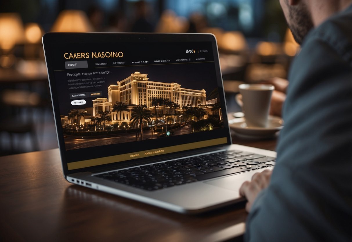 A laptop displaying the Caesars Casino website with the promo code entry field highlighted. A hand holding a smartphone with the promo code visible