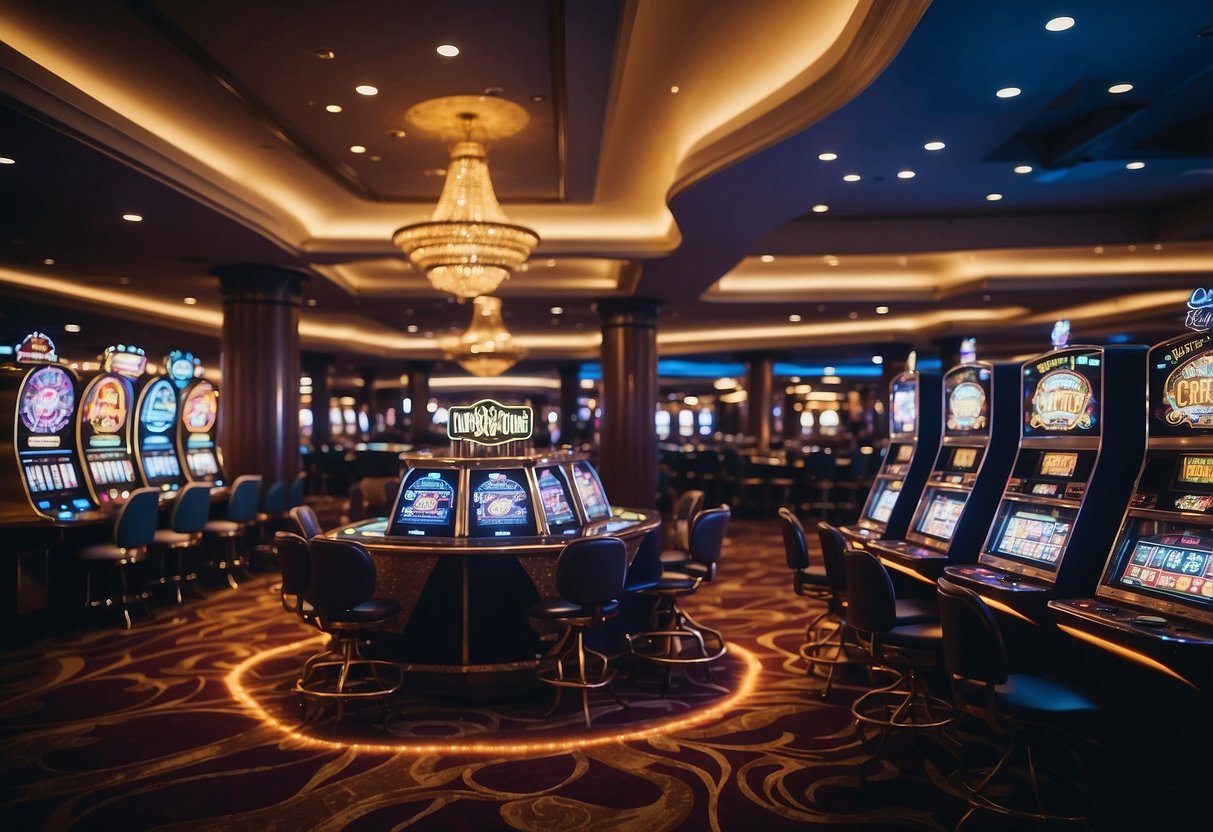 A vibrant virtual casino with flashing lights, roulette wheel spinning, and poker tables bustling with players. Slot machines chime and cards shuffle in the lively atmosphere