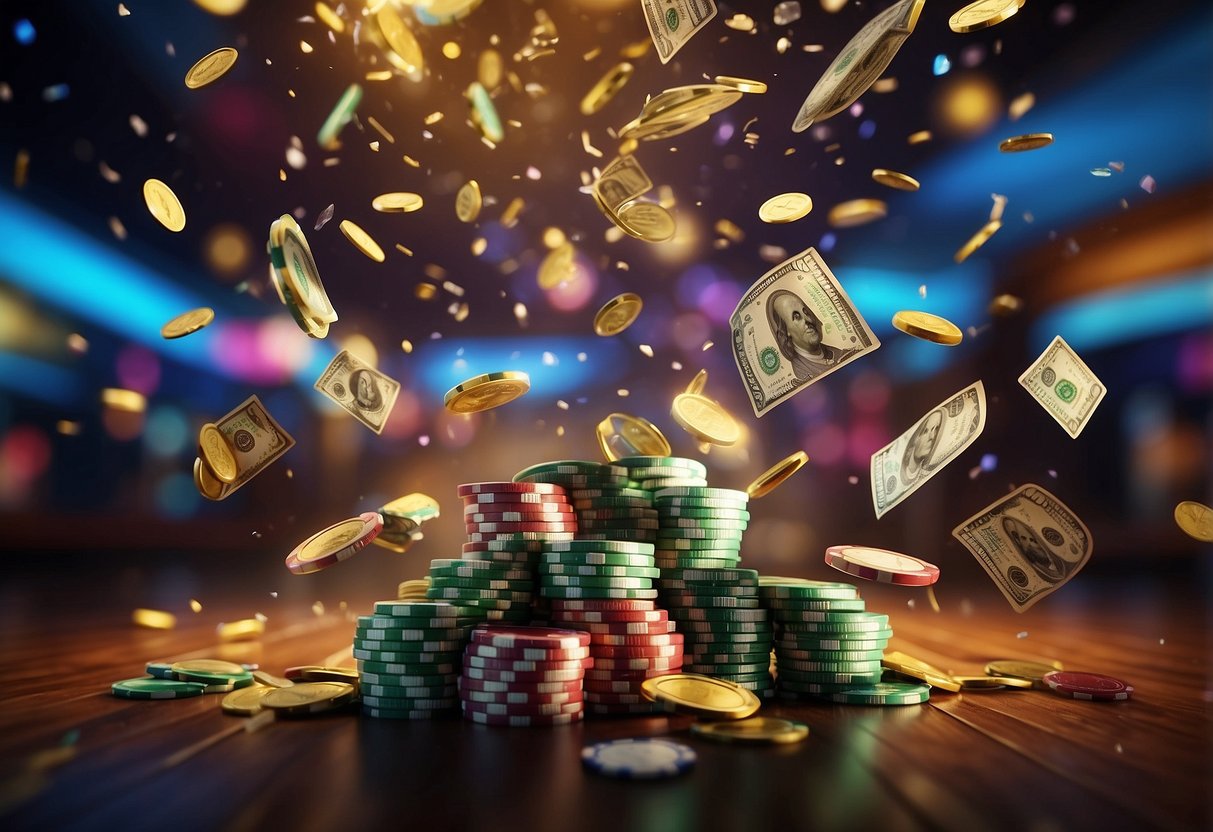 Colorful casino chips and cash raining down, with banners displaying "Bonuses" and "Promotions" above a glowing online casino logo