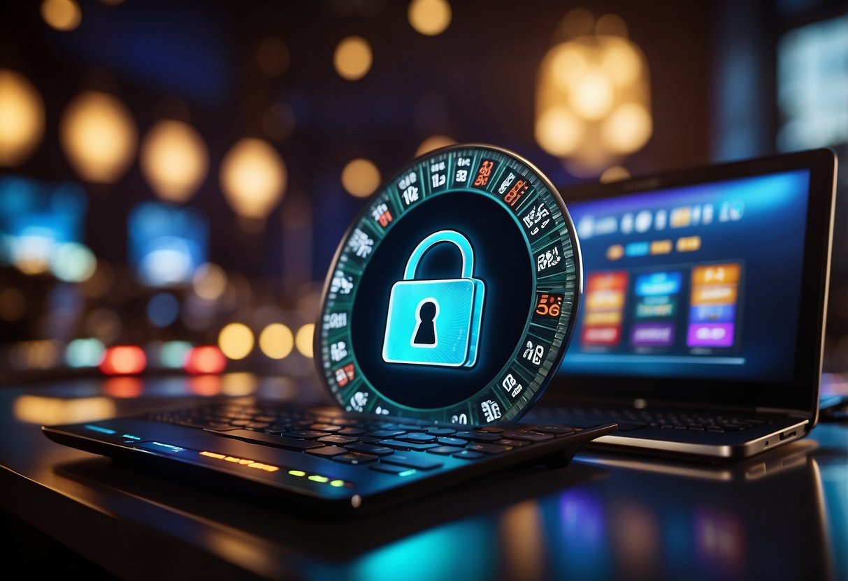 Brightly lit online casino interface with lock icons, secure payment logos, and encryption symbols. Firewall and antivirus shields in the background