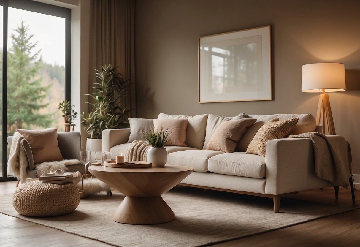 A cozy living room with warm, neutral colors, plush textures, and natural materials. Soft lighting and minimalist decor create a peaceful, inviting atmosphere