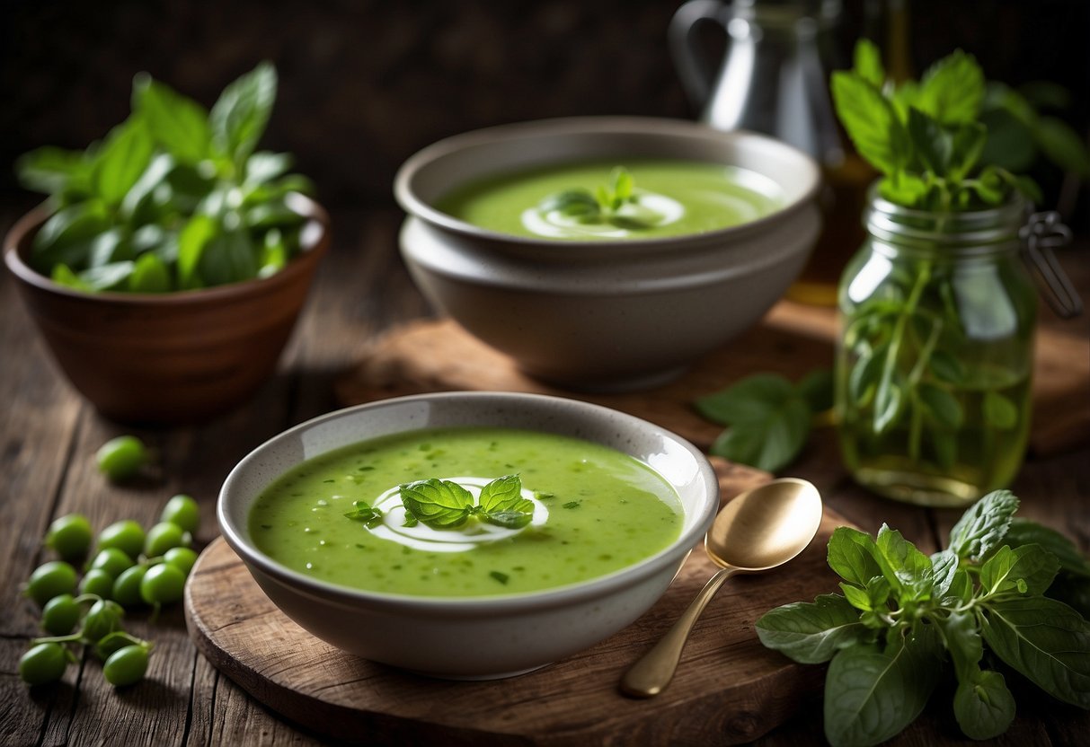 A bowl of chilled pea and mint soup sits on a rustic wooden table, garnished with a sprig of fresh mint and a drizzle of olive oil