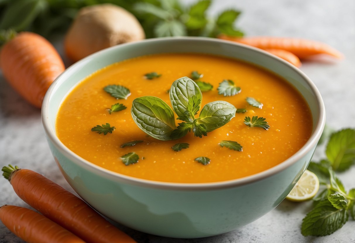 A bowl of chilled carrot ginger soup surrounded by fresh carrots, ginger root, and a sprig of mint