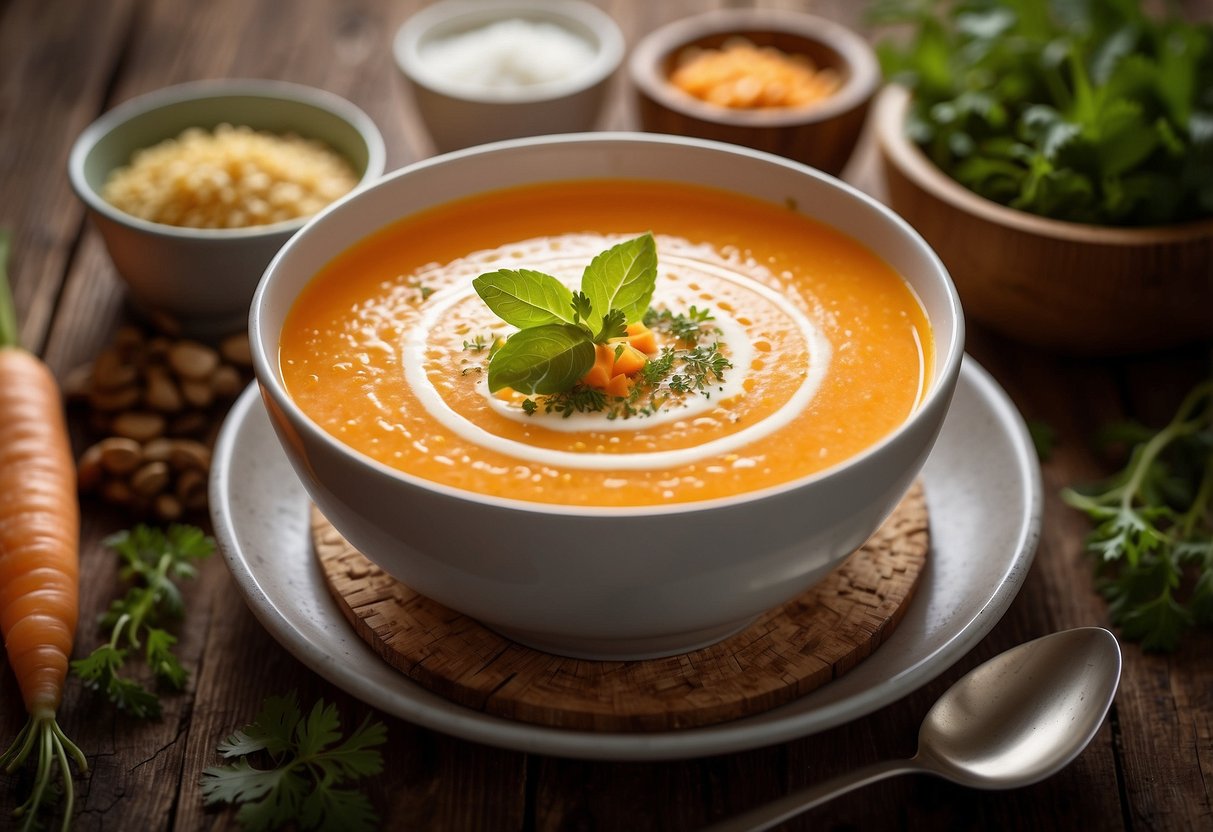 A bowl of chilled carrot ginger soup sits on a rustic wooden table, garnished with a swirl of cream and a sprinkle of fresh herbs