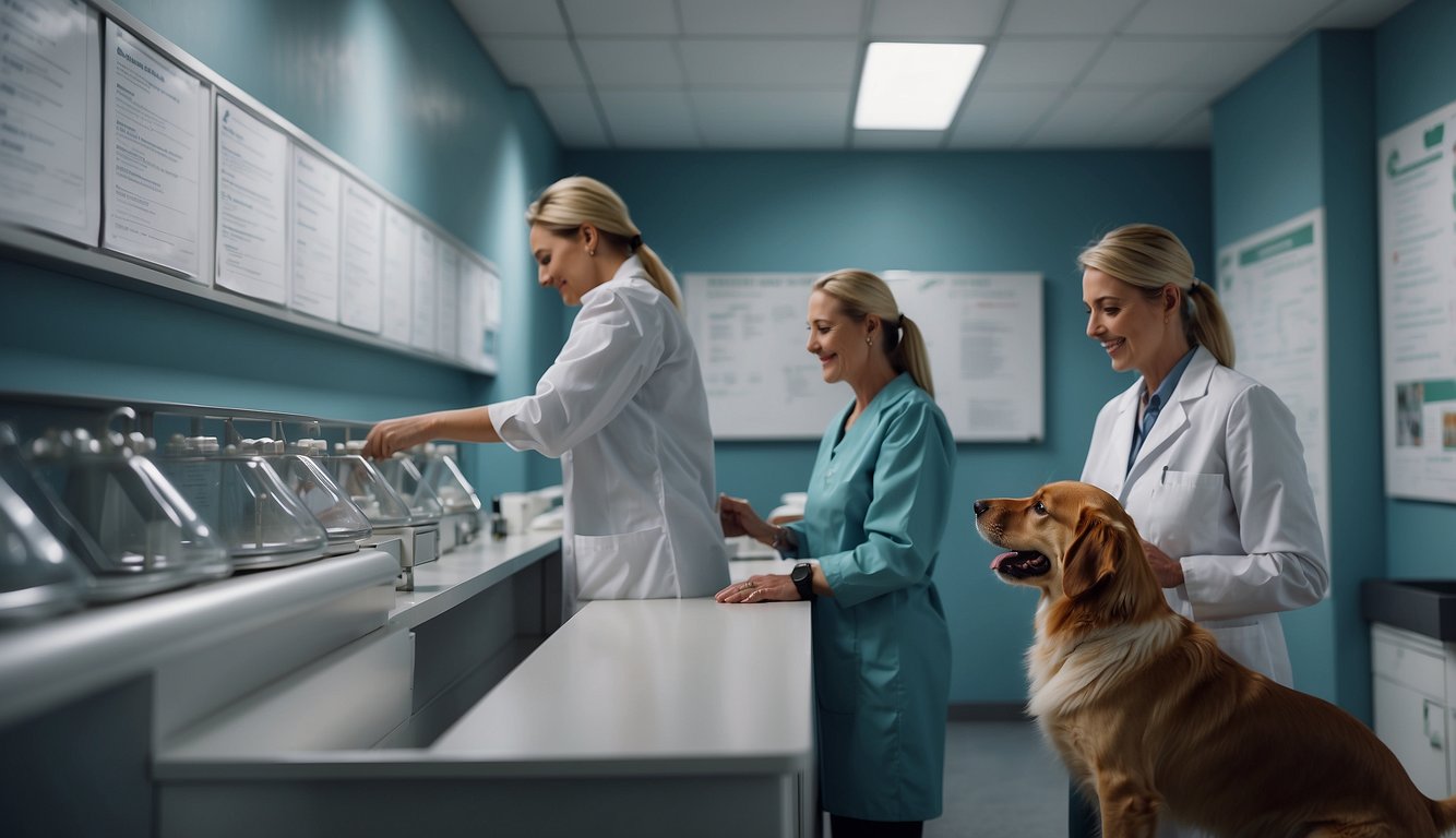 A veterinarian administers vaccines to dogs in a clean, well-lit clinic. Posters with information on preventing dog diseases line the walls