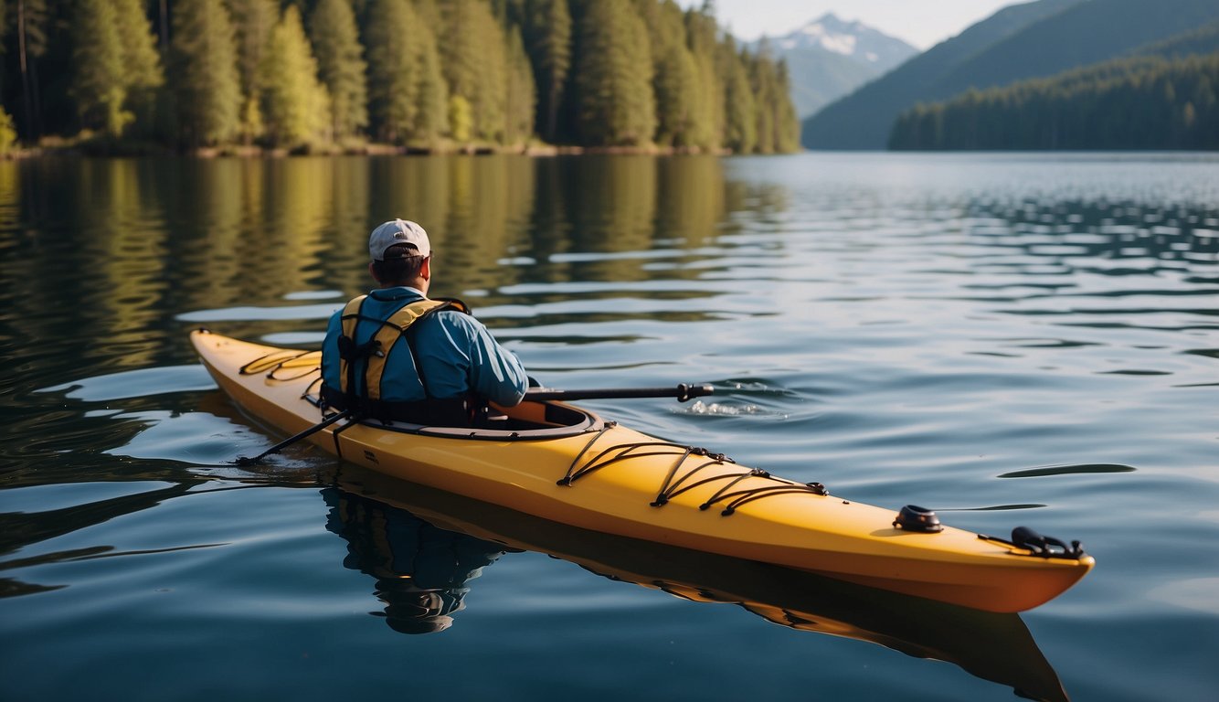 A kayak being towed behind a boat on calm water. The kayak is secured with ropes and floats gracefully in the boat's wake